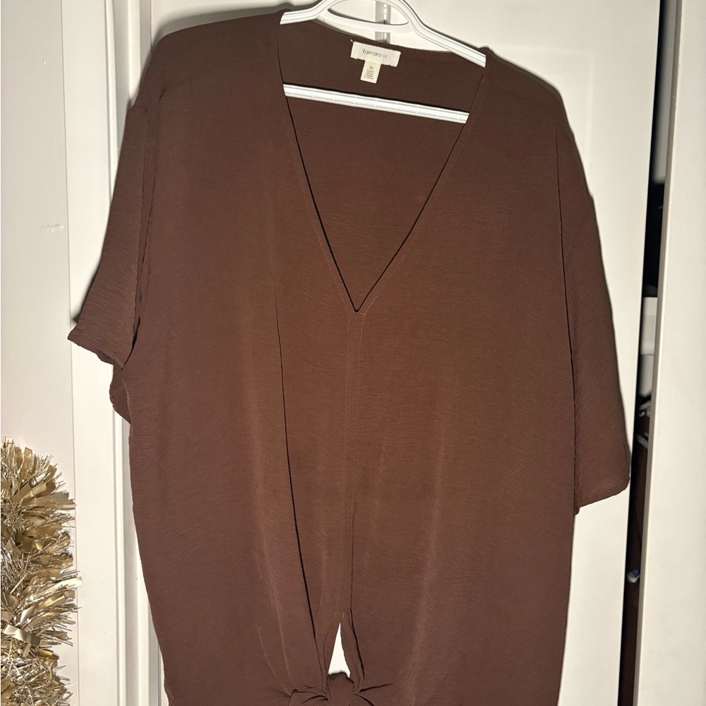 Brown V-Neck Blouse with Tie Front